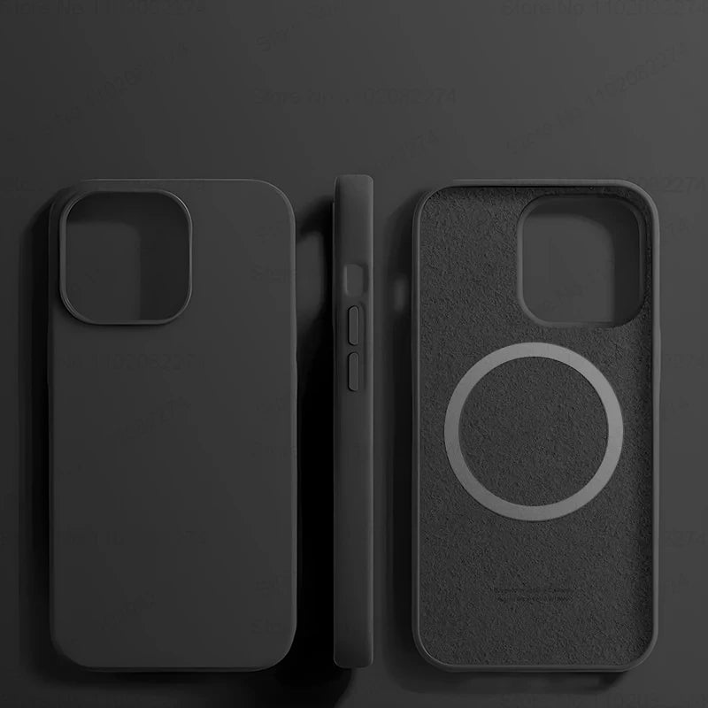Three views of a dark gray silicone phone case with a MagSafe ring.