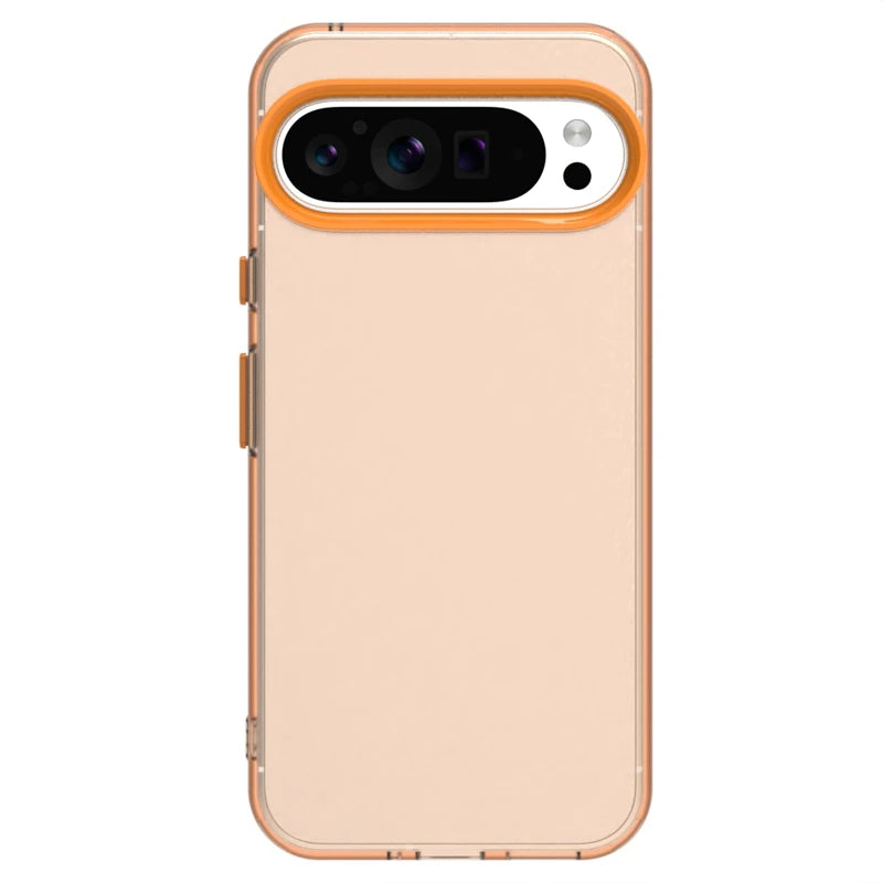 A translucent peach-colored smartphone case with an orange camera bump accent.