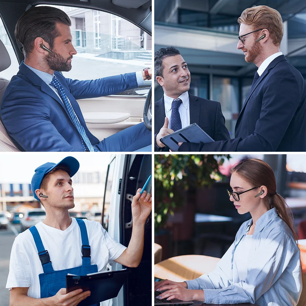 A set of four images showcasing people from different professions wearing a single earbud.
