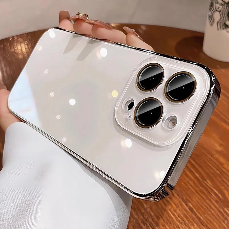 Shiny white iPhone case with chrome edges and clear camera lens protectors.