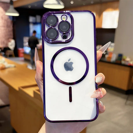 Purple-rimmed clear iPhone case with a visible Apple logo.