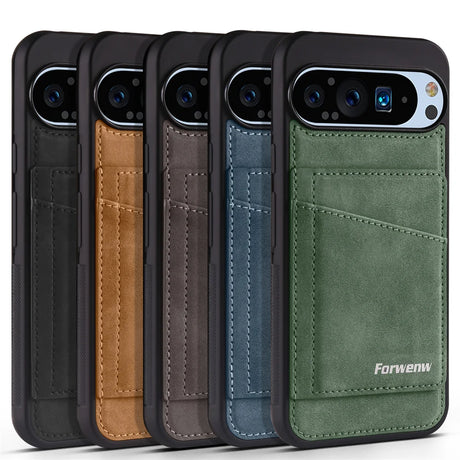 Five smartphone cases with card slots in various colors.