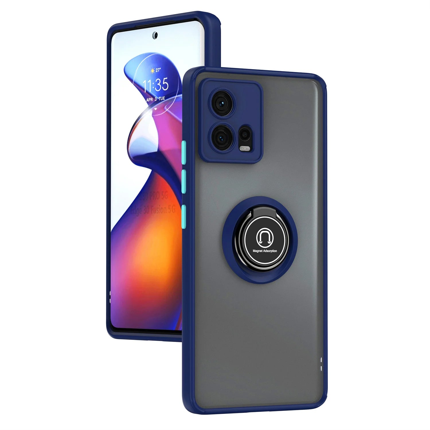 Blue framed smartphone with a clear case and a magnetic ring holder.