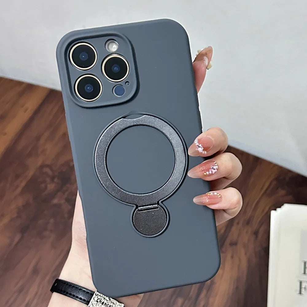 Dark gray smartphone case with a built-in ring holder and camera protection.