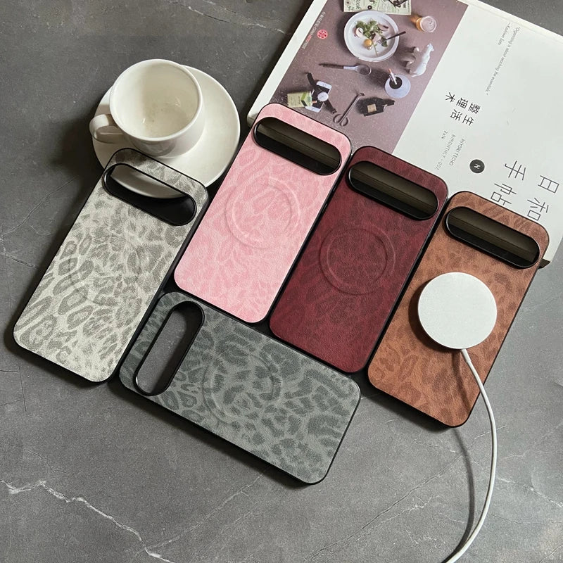 Collection of five animal print phone cases with MagSafe-compatible charging.