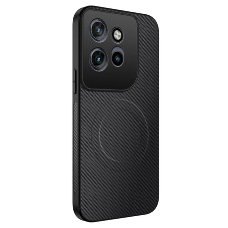 Black smartphone case with a carbon fiber texture and a prominent camera module cutout.