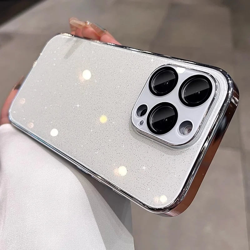 Sparkly white phone case with chrome edges and camera protection.