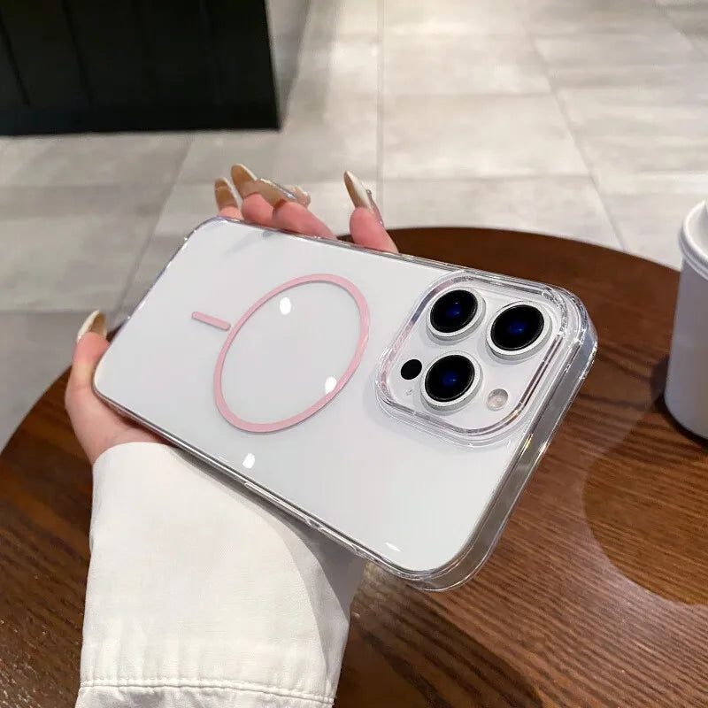 Clear iPhone case with a pink MagSafe ring.