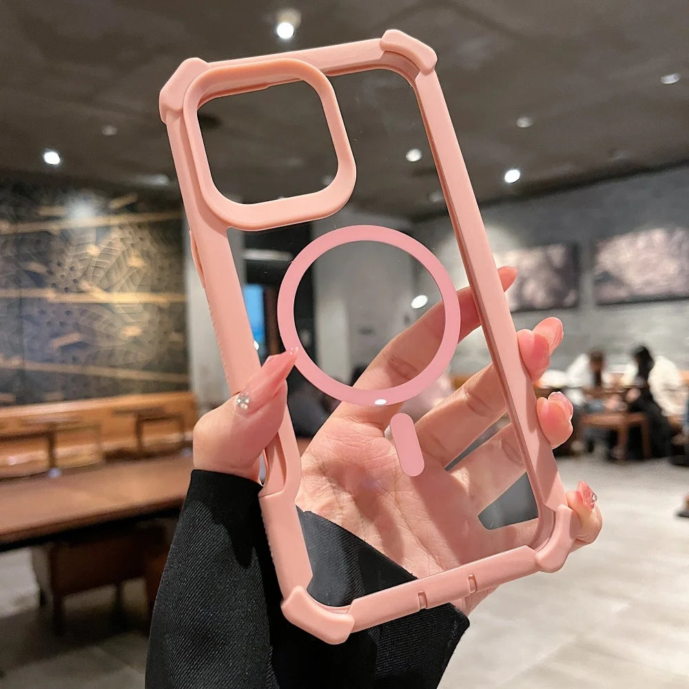 Clear and pink iPhone case with camera protection and a MagSafe ring.