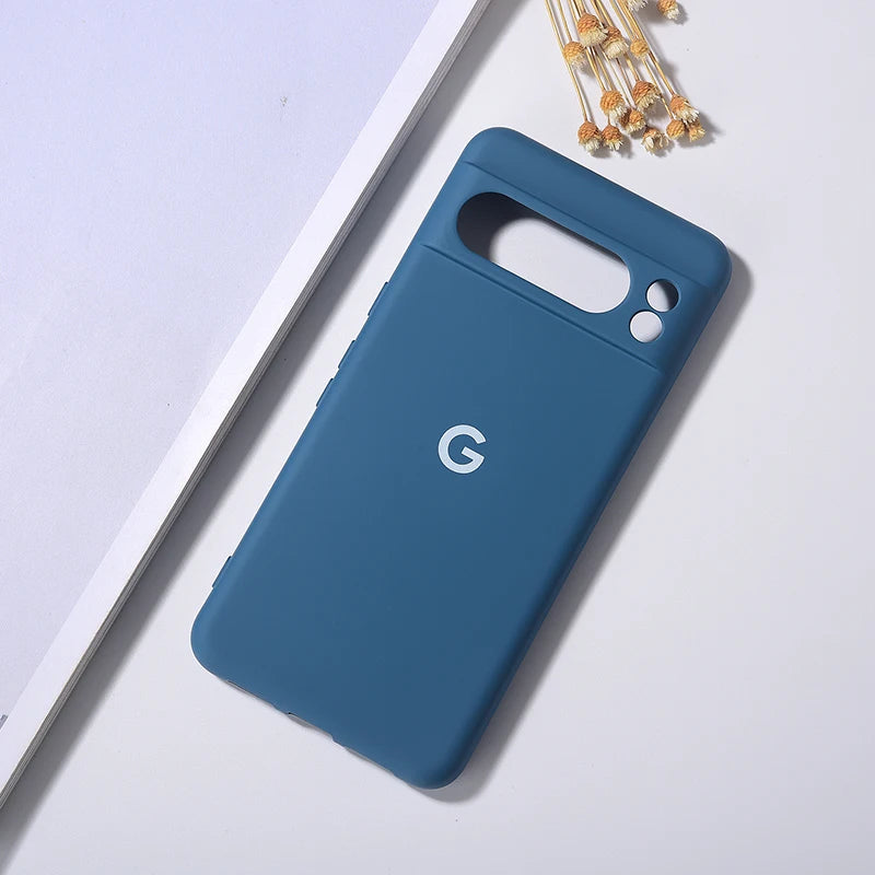 Blue silicone phone case with a camera cutout and side button covers.