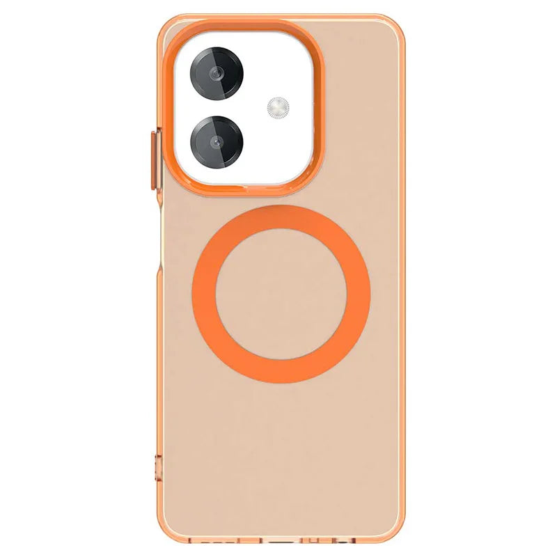 Clear phone case with an orange frame and a circular magnetic ring on the back.