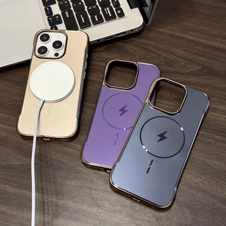 Three MagSafe-compatible smartphone cases in gold, purple, and blue.