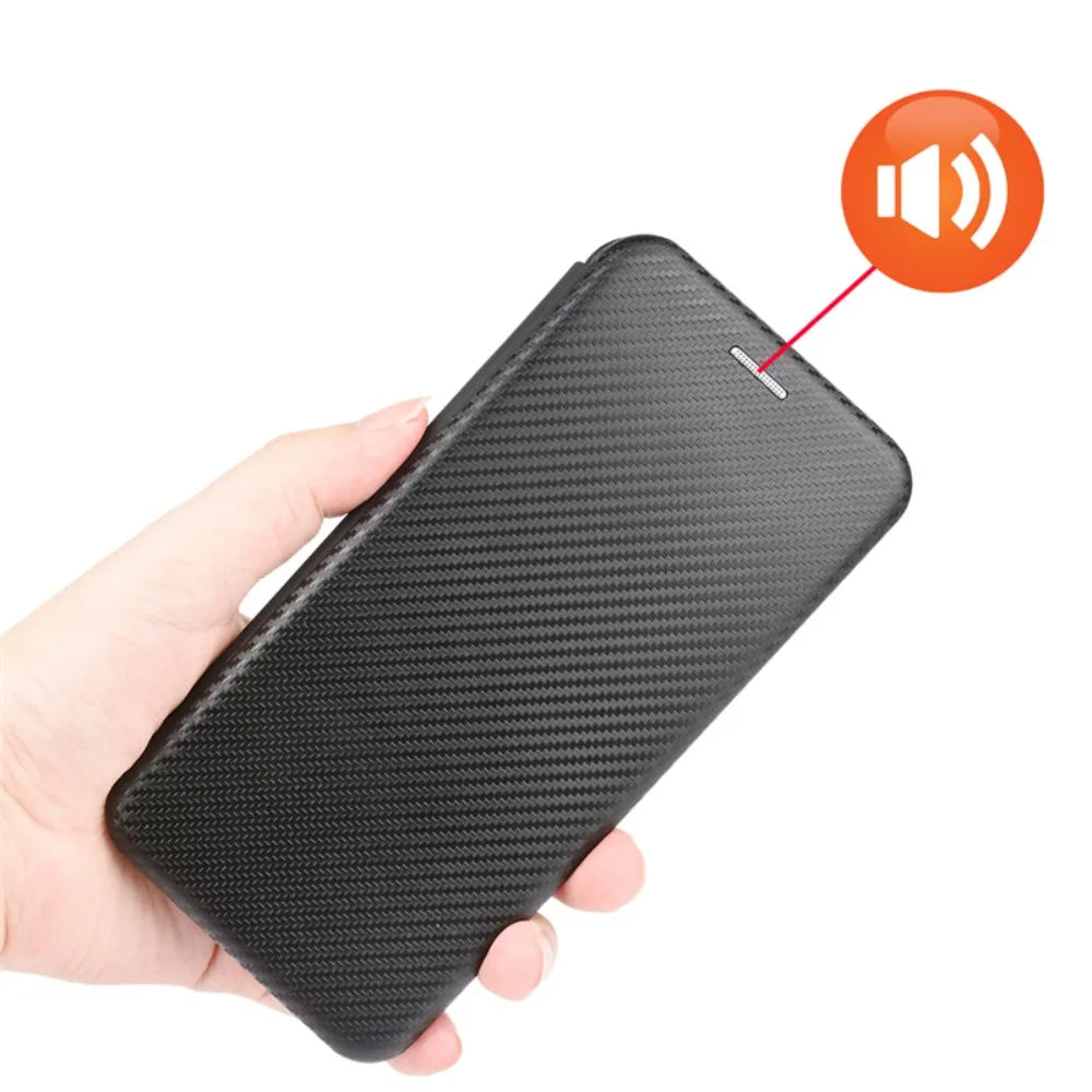 A black carbon fiber textured flip phone case with an earpiece cutout.