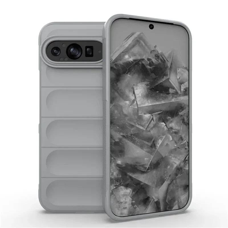 Light grey smartphone in a protective case with a camera bar and a screen displaying a cracked glass design.