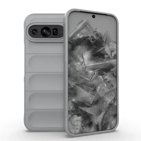 Light grey smartphone in a protective case with a camera bar and a screen displaying a cracked glass design.