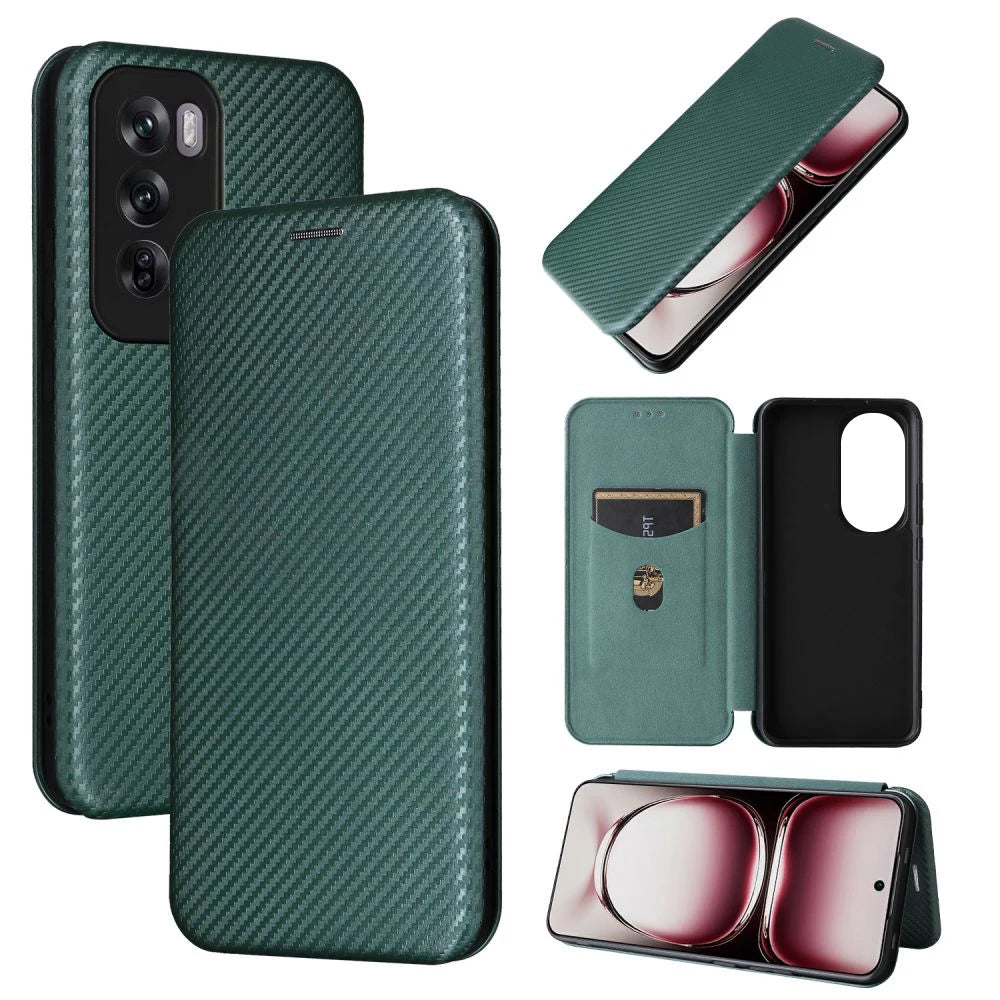 Dark green carbon fiber texture flip phone case with card slot and kickstand function.