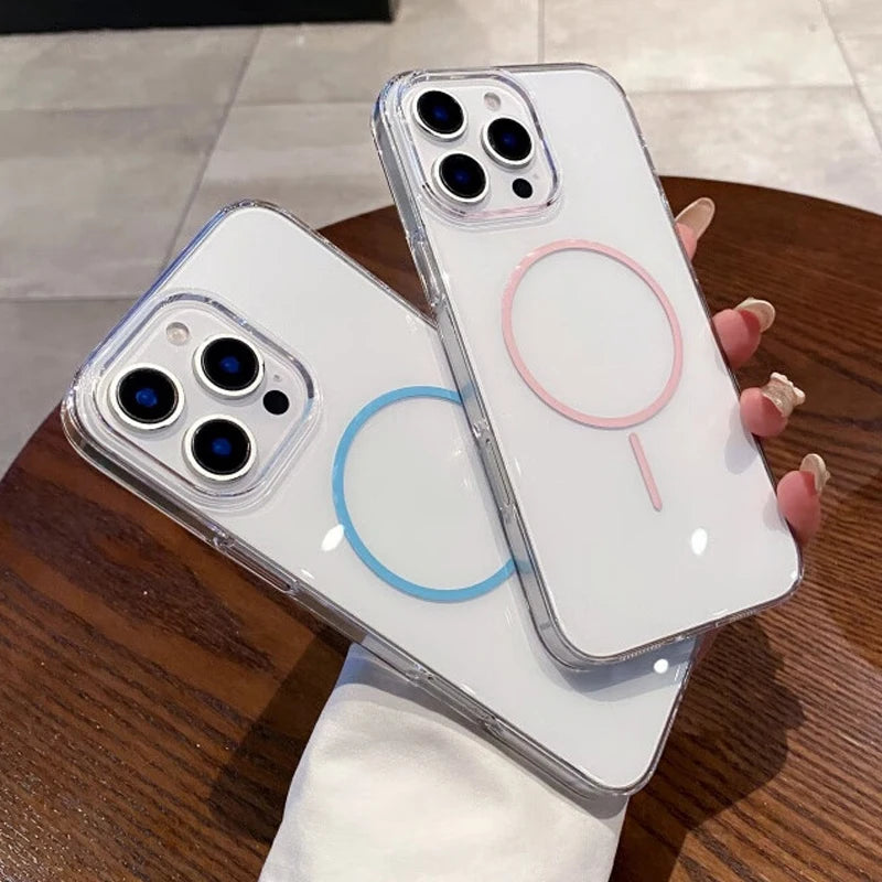 Two clear phone cases with colorful MagSafe rings.