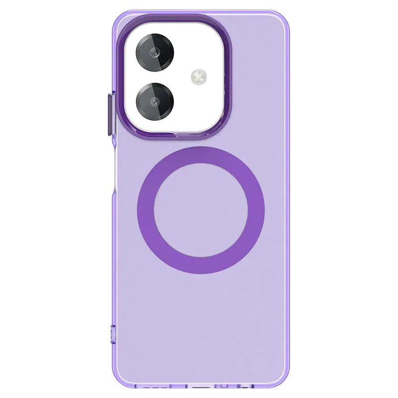 A translucent lavender phone case with a purple magnetic ring and camera cutouts.