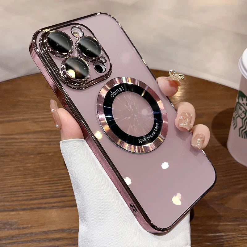 Rose gold iPhone case with a magnetic ring holder and camera protection.