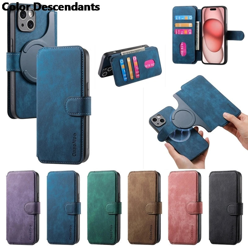 Various colors of a detachable magnetic wallet phone case.
