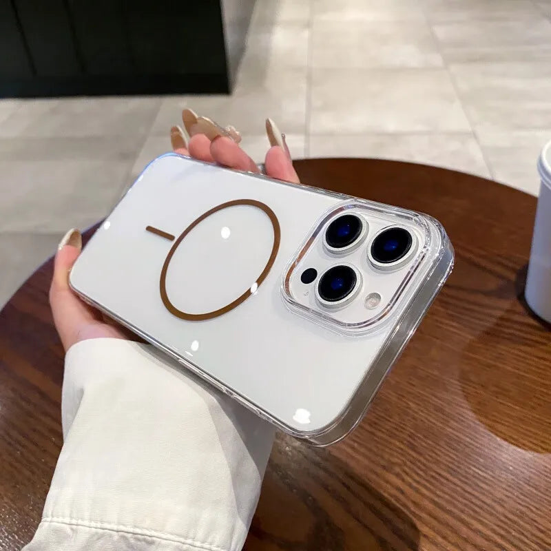 Clear smartphone case with a visible magnetic charging ring.