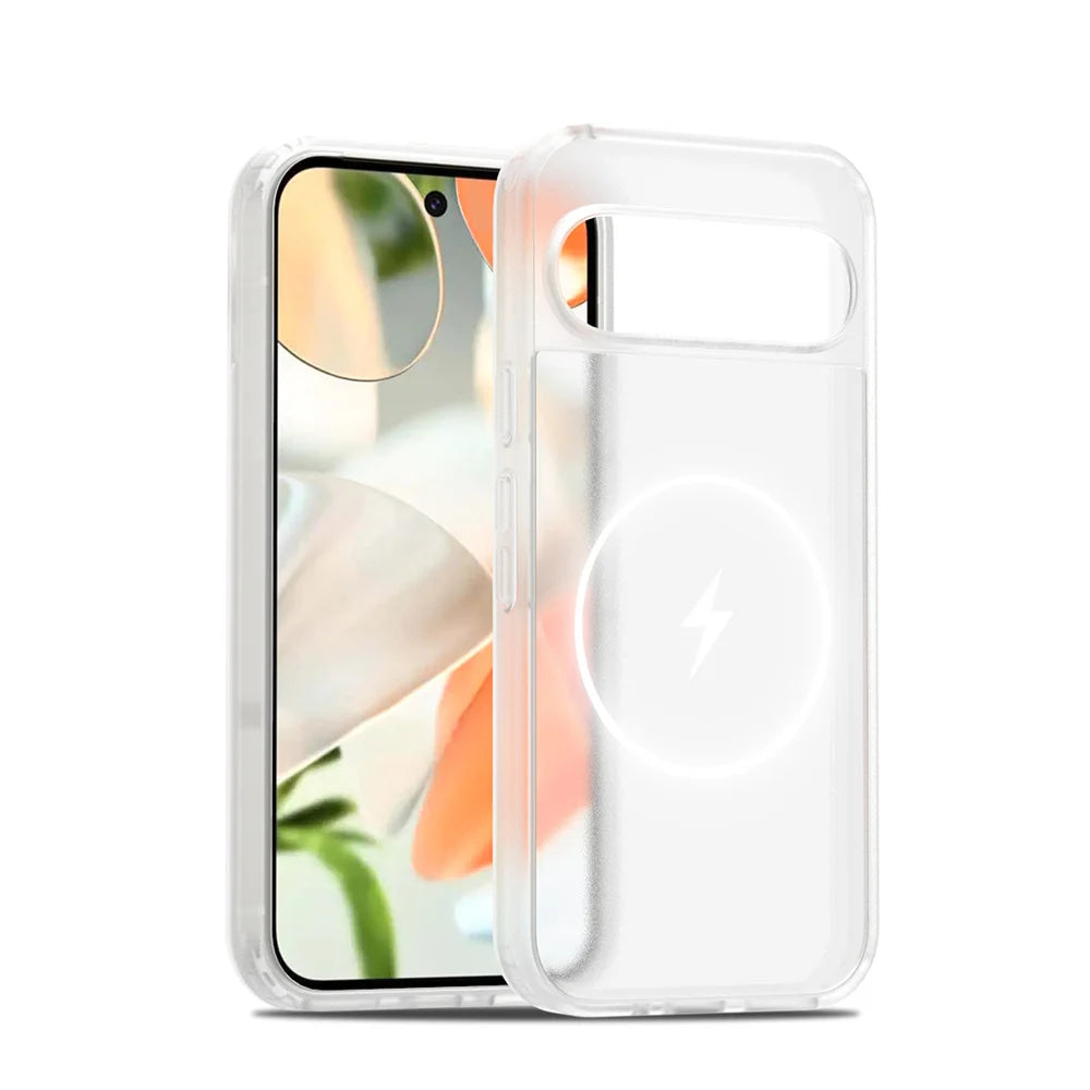 Clear smartphone with a matching transparent magnetic charging case.