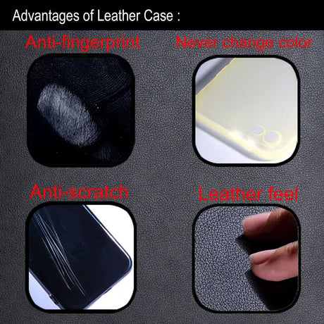 A promotional graphic detailing the advantages of a leather phone case.