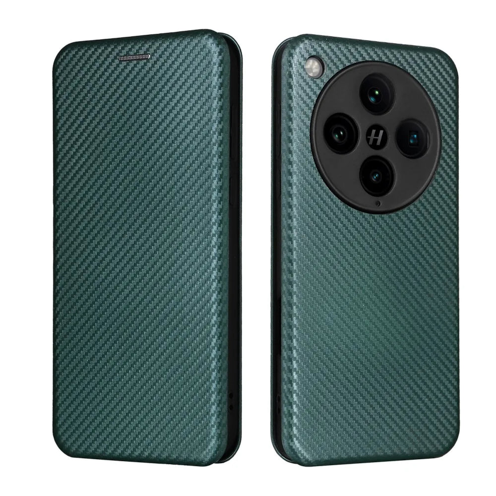 A dark green smartphone case with a carbon fiber texture, featuring a circular camera cutout with four lens openings and a flash.