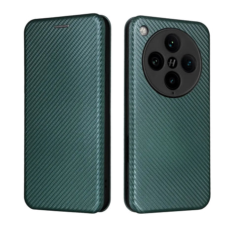 A dark green smartphone case with a carbon fiber texture, featuring a circular camera cutout with four lens openings and a flash.