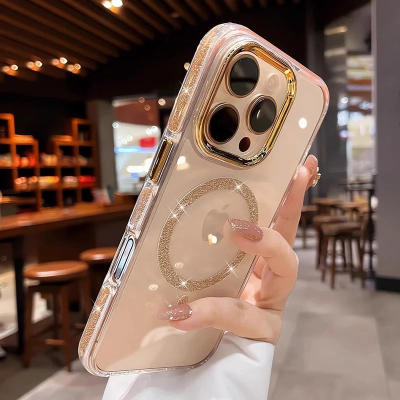Glittering clear iPhone case with a gold MagSafe ring and camera accents.
