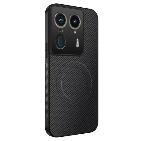 Black smartphone with a carbon fiber textured case and a prominent camera module.