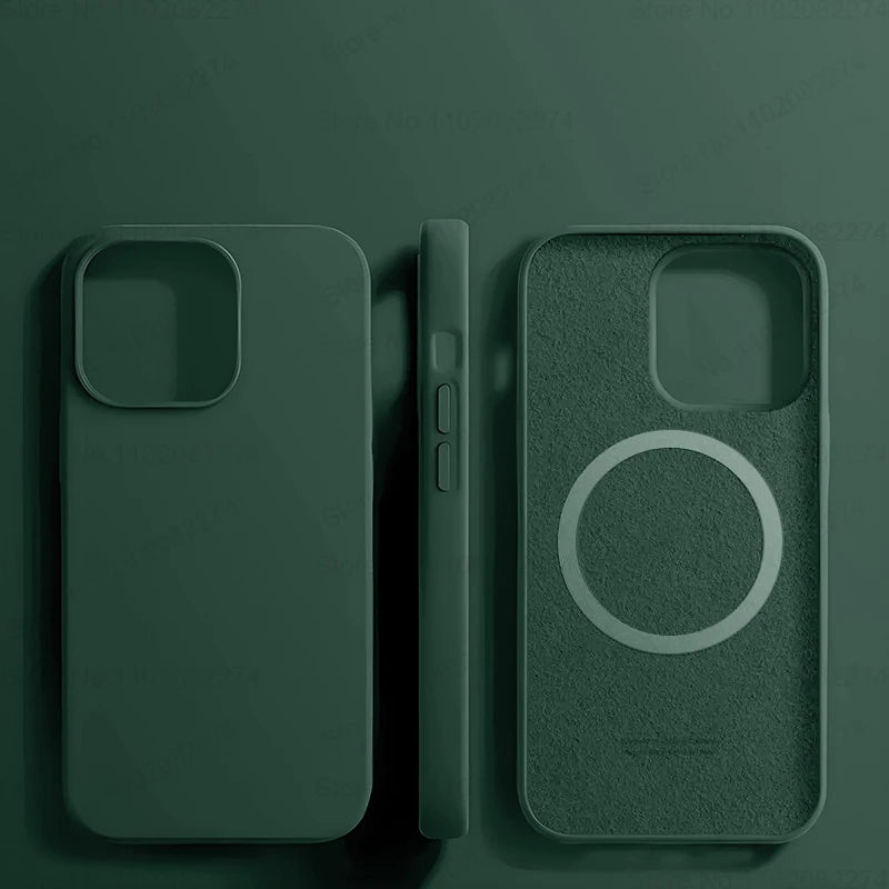Dark green silicone iPhone case with MagSafe.