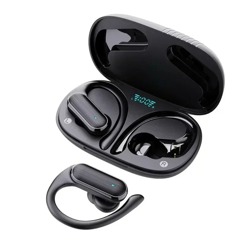 Black wireless earbuds with ear hooks and a charging case with a digital display.