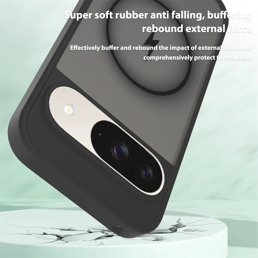 A black smartphone case with a camera cutout and charging symbol.