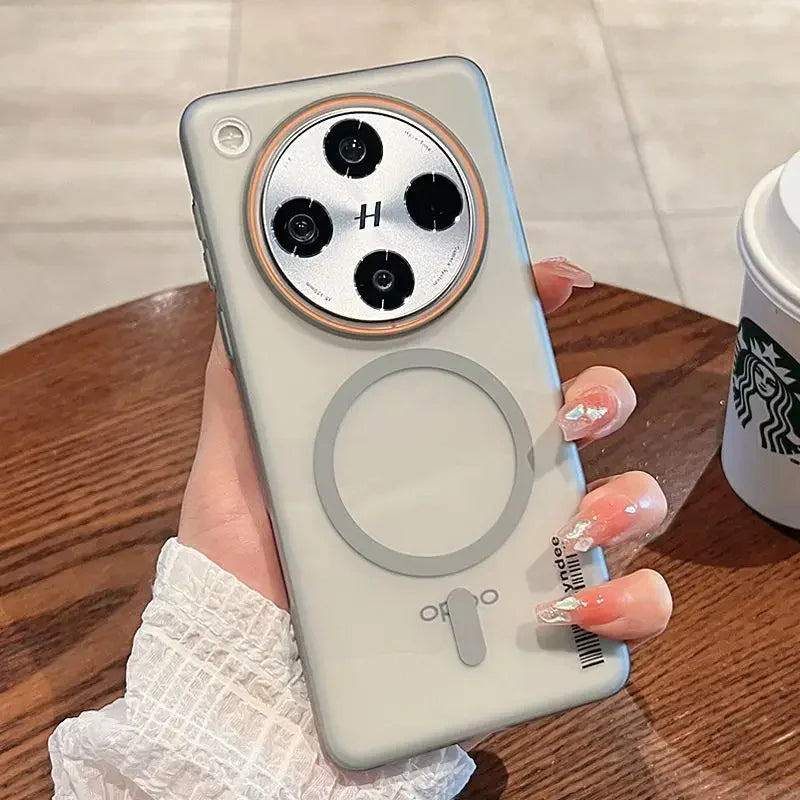 Grey smartphone case with a large circular camera cutout, a magnetic ring, and a kickstand.