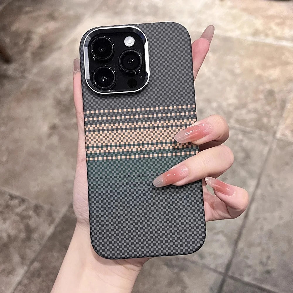 Smartphone with a dark checkered case featuring a horizontal striped pattern.