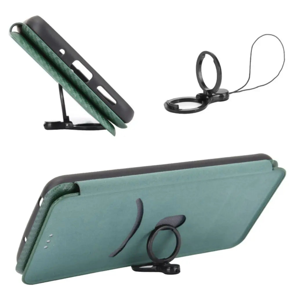 A teal phone case with an integrated kickstand and an additional detachable ring holder.