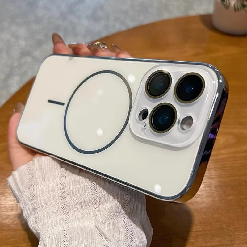 White iPhone case with a magnetic charging ring and raised camera protection.