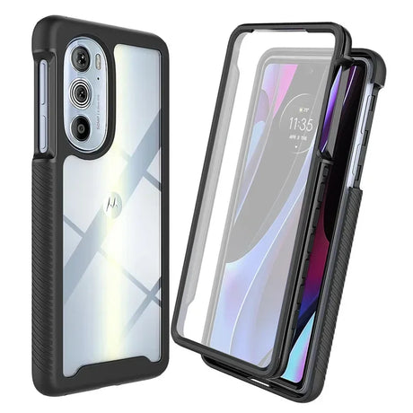 A transparent and black protective phone case.