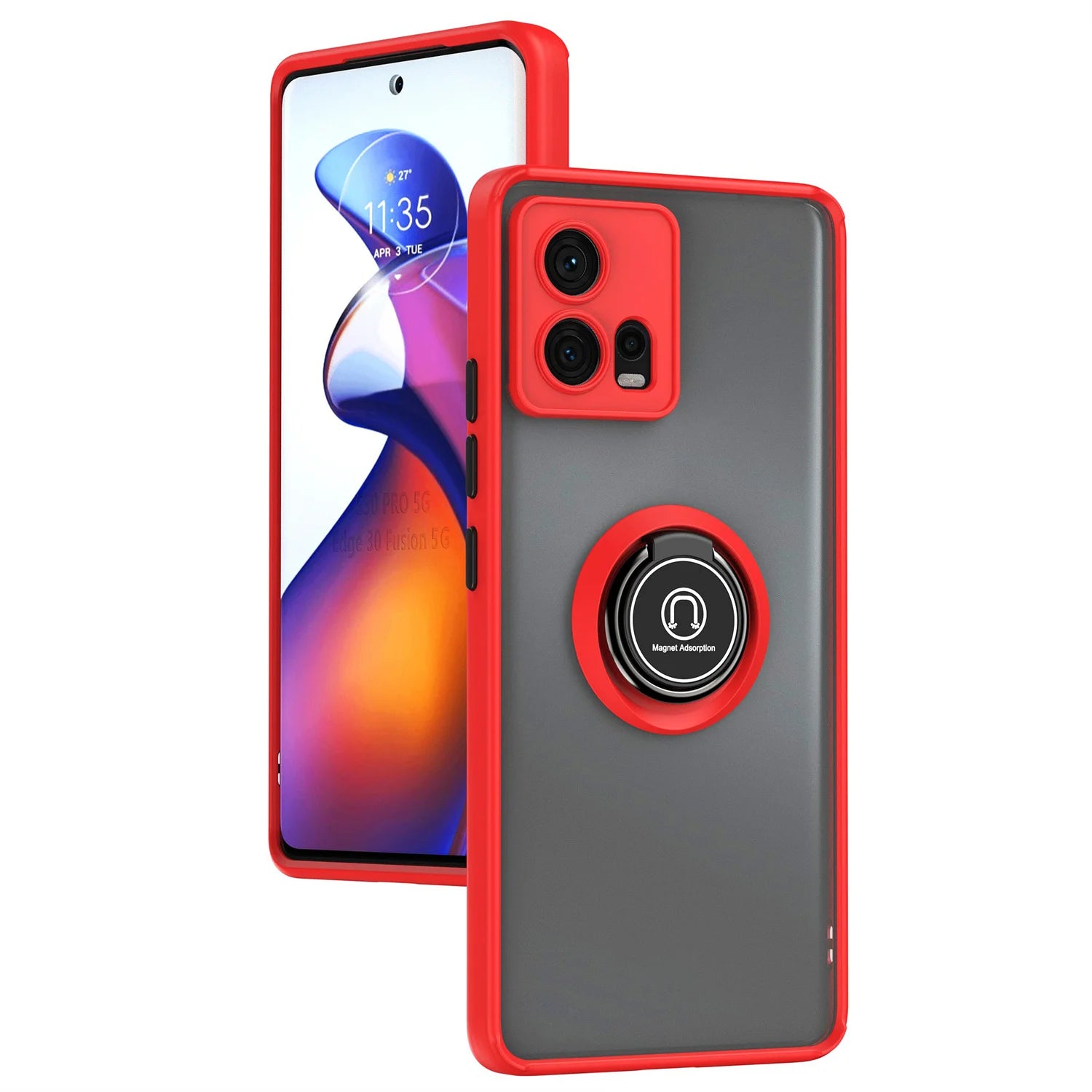 Red and gray smartphone case with an integrated ring holder.