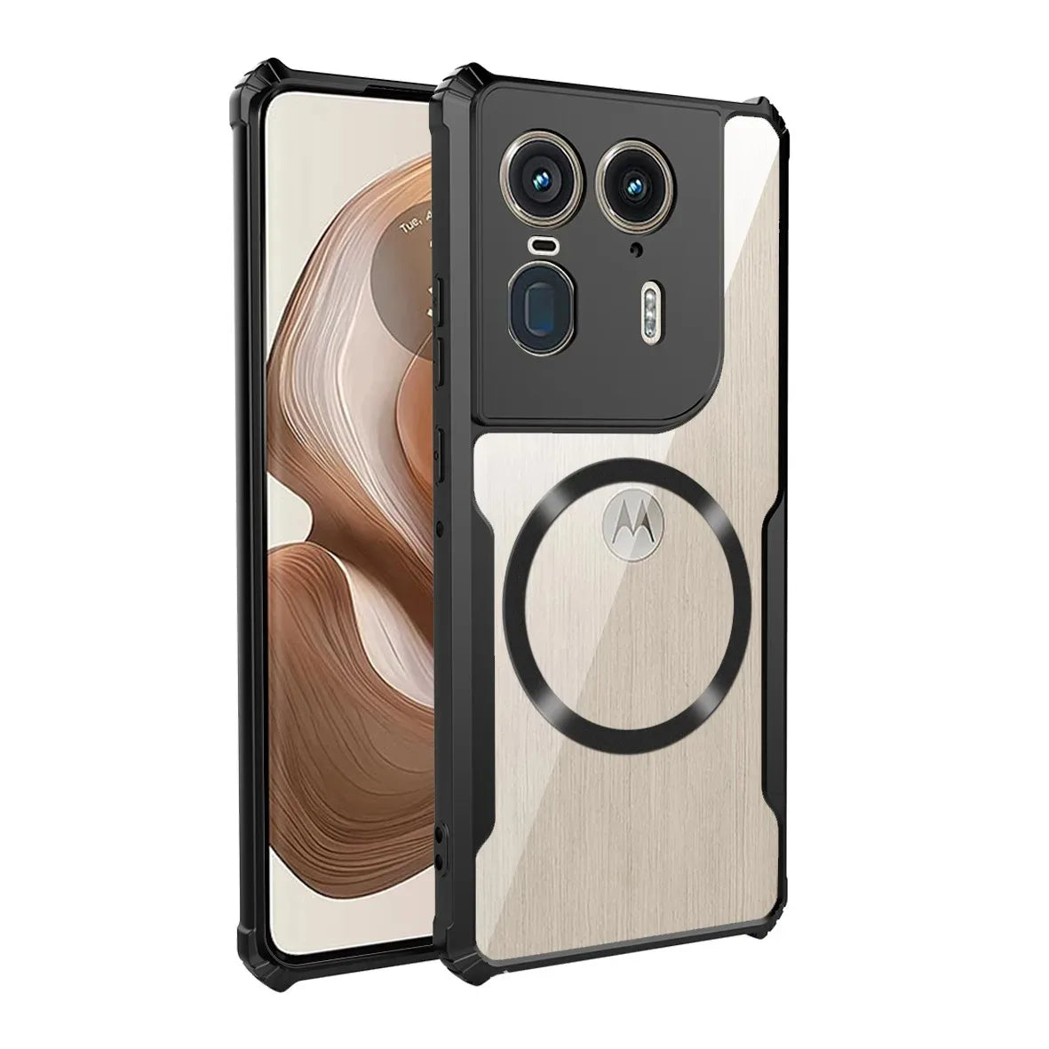 Motorola smartphone with a protective case featuring a brushed metallic finish, camera module cutout, and a circular magnetic ring.