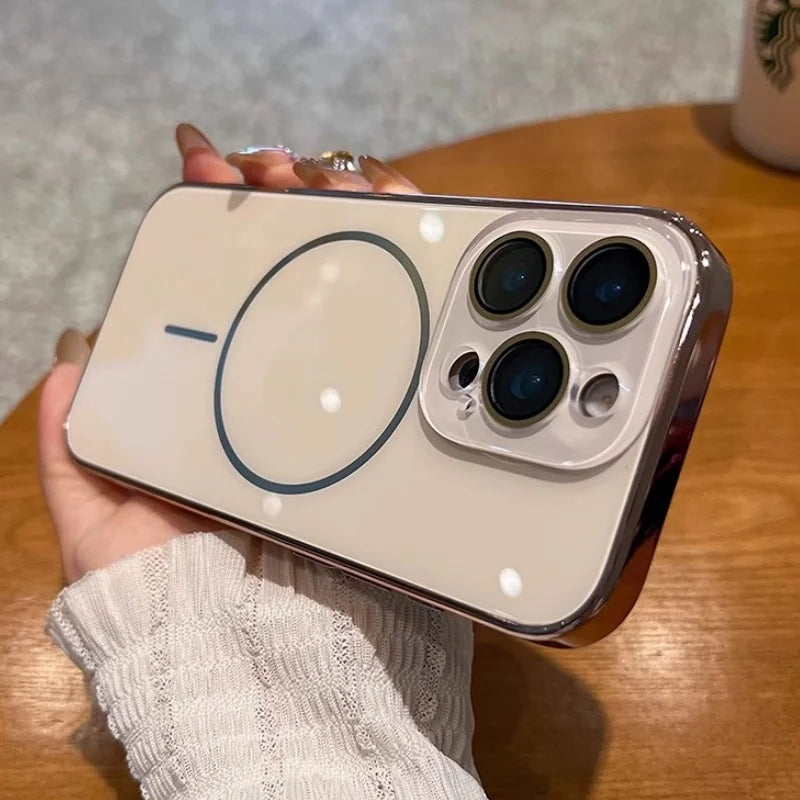 A clear phone case with a MagSafe ring and raised camera lens protection.