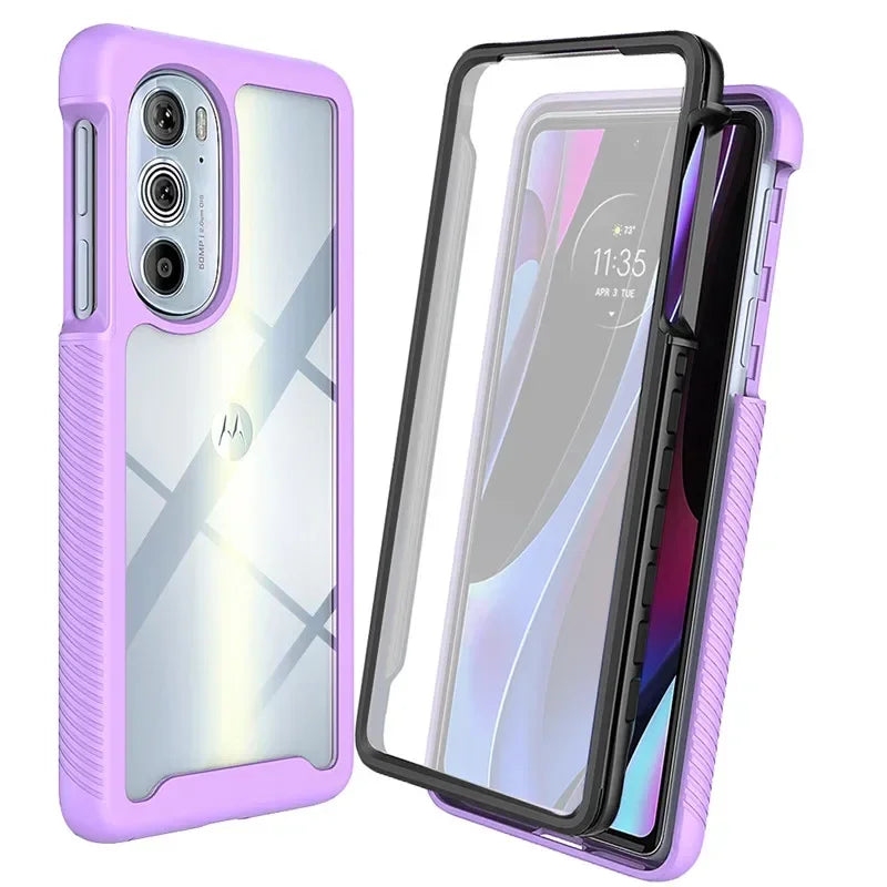 A two-piece, lavender-colored and clear protective phone case.