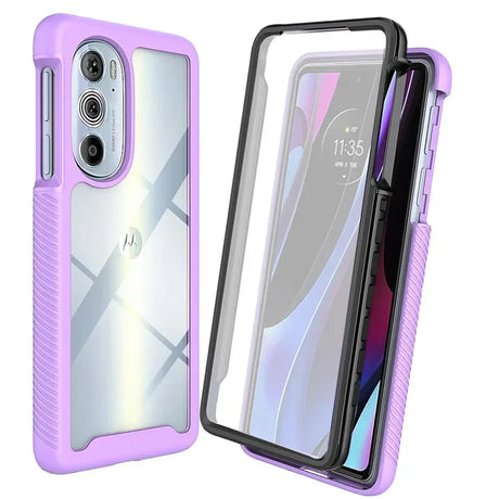 A two-piece, lavender-colored and clear protective phone case.