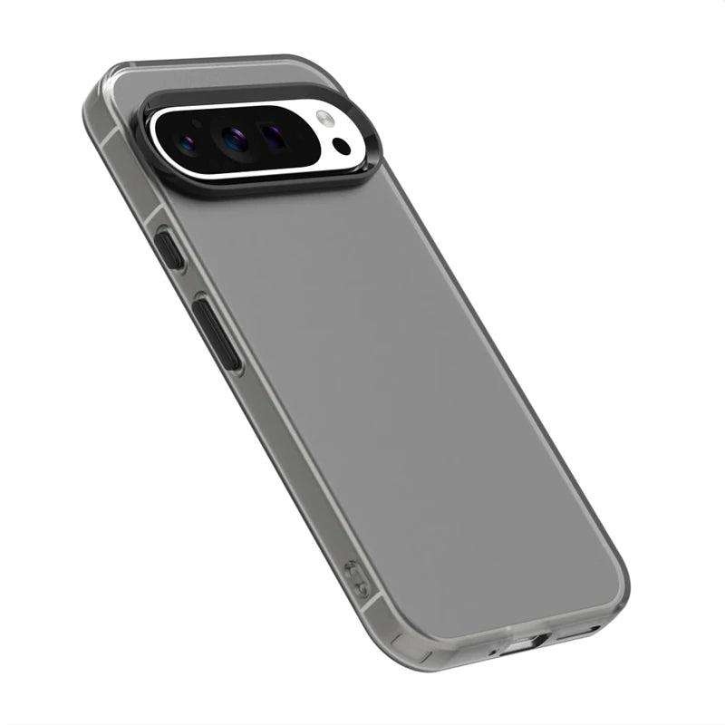 A clear smartphone case with a black camera lens protector.
