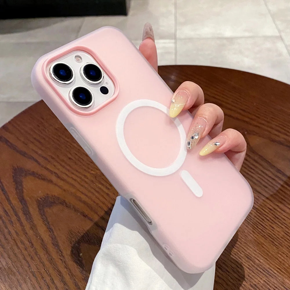Pink iPhone case with a MagSafe ring and camera cutouts.