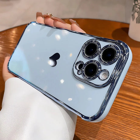 Light blue iPhone with a clear, reflective case and a prominent camera array.