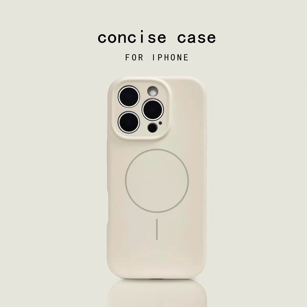 A white iPhone case with a circular magnetic charging ring and a camera cutout.