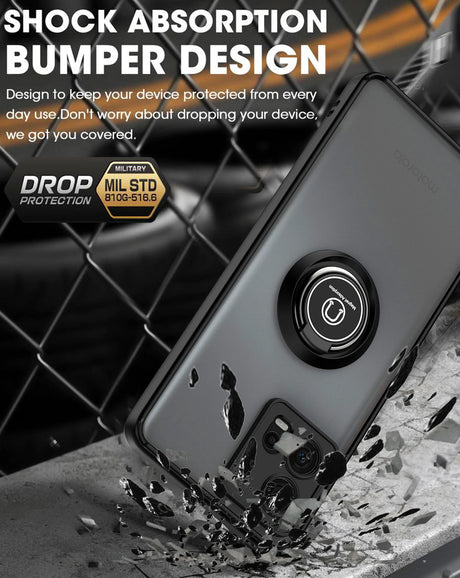 Durable, shock-absorbing phone case with a built-in ring holder.