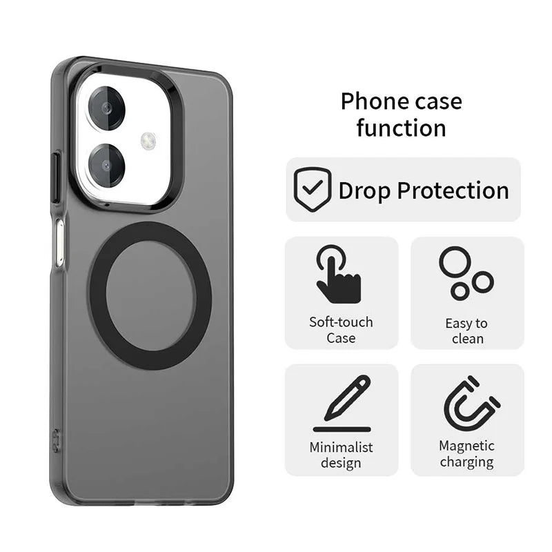 A translucent gray phone case with a black magnetic charging ring and camera cutout, featuring drop protection, soft-touch material, easy cleaning, minimalist design, and magnetic charging capabilities.